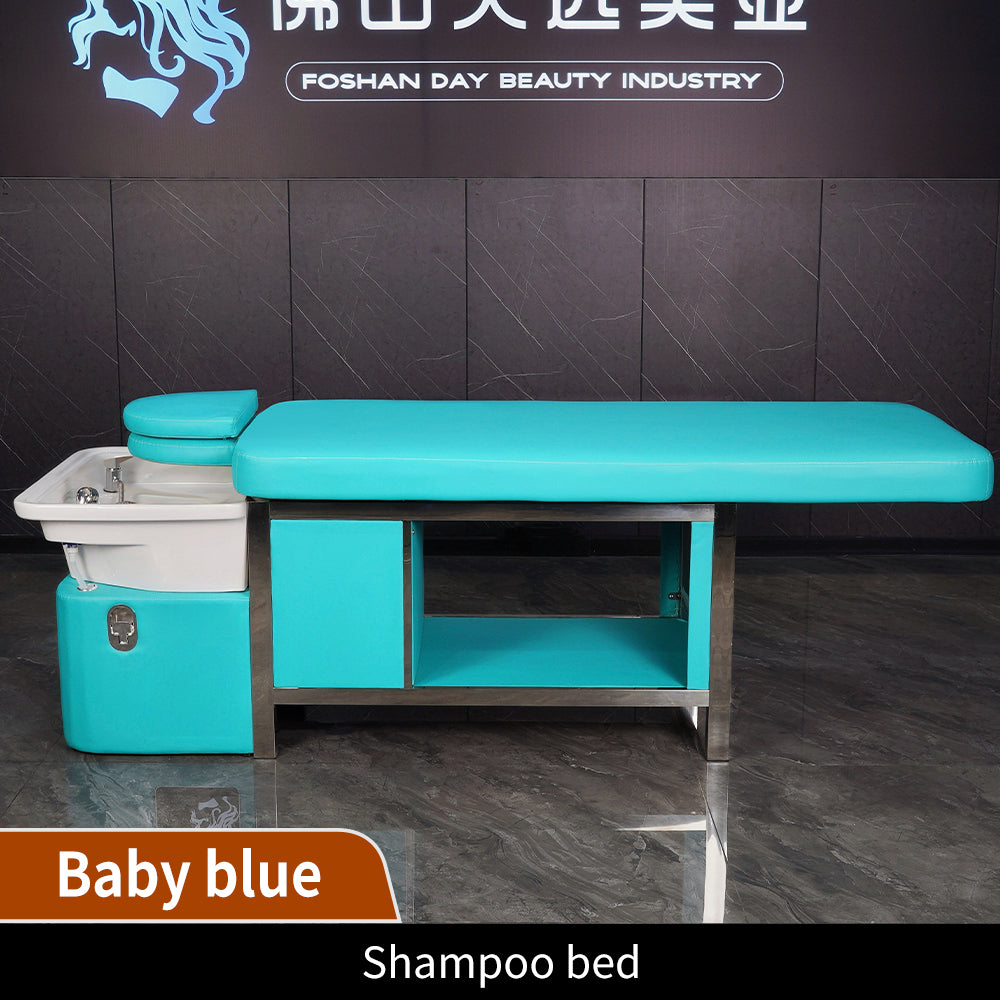 Light blue manual push-pull bed barber shop beauty salon special water circulation fumigation massage shampoo bed