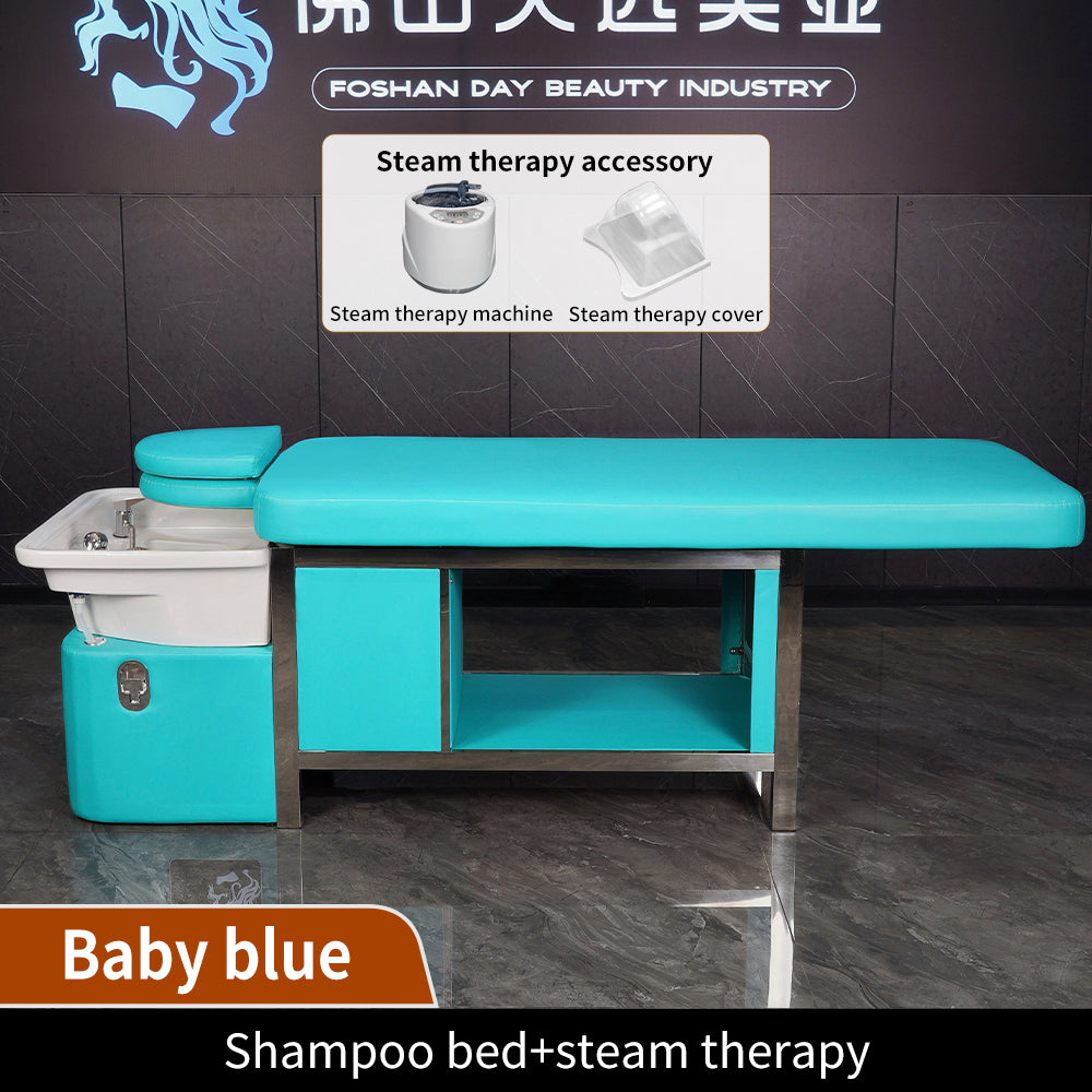Light blue manual push-pull bed barber shop beauty salon special water circulation fumigation massage shampoo bed