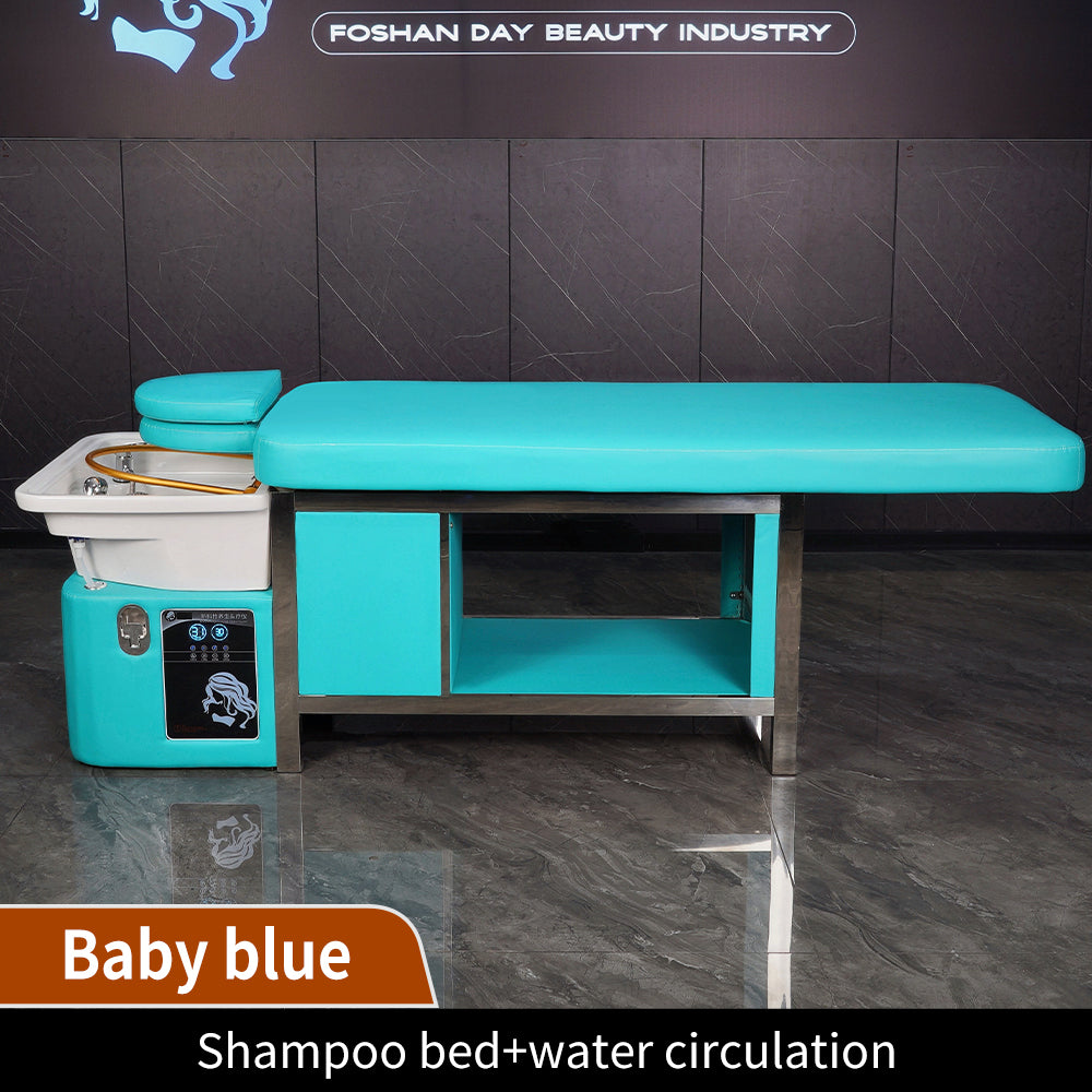 Light blue manual push-pull bed barber shop beauty salon special water circulation fumigation massage shampoo bed