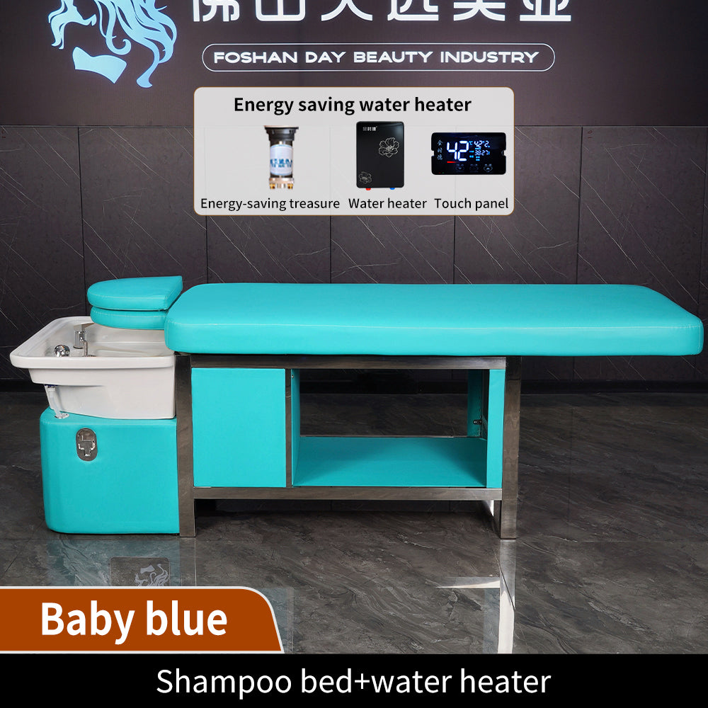 Light blue manual push-pull bed barber shop beauty salon special water circulation fumigation massage shampoo bed