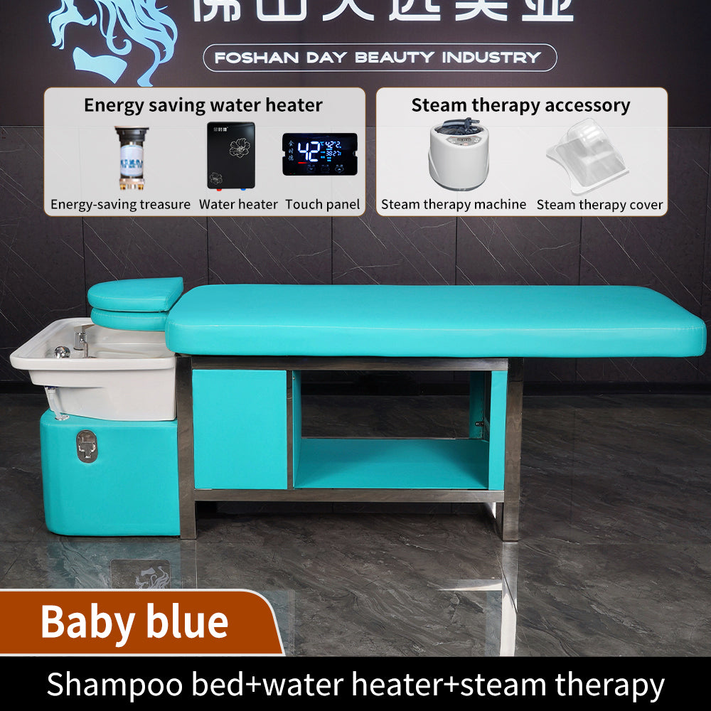 Light blue manual push-pull bed barber shop beauty salon special water circulation fumigation massage shampoo bed