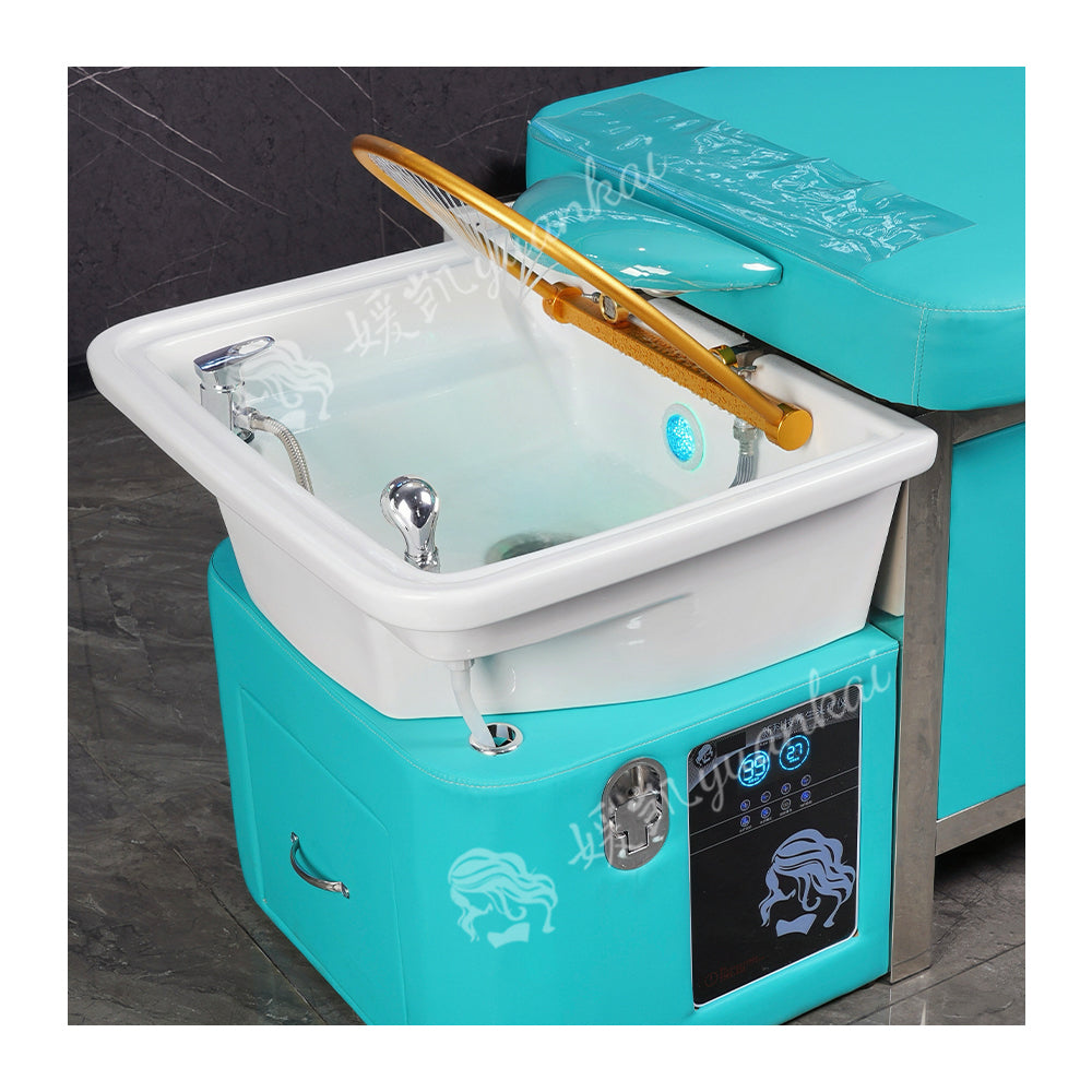 Light blue manual push-pull bed barber shop beauty salon special water circulation fumigation massage shampoo bed