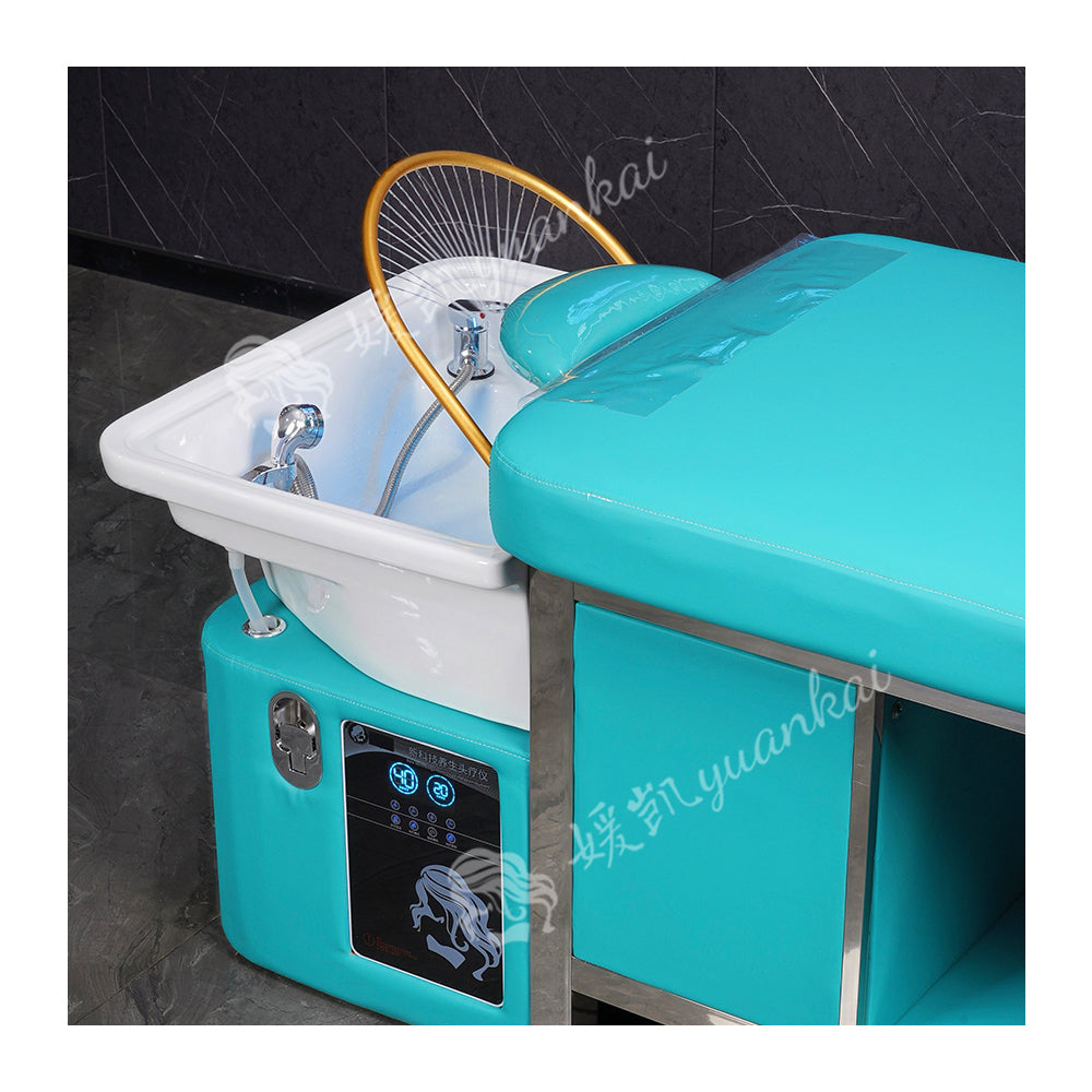 Light blue manual push-pull bed barber shop beauty salon special water circulation fumigation massage shampoo bed