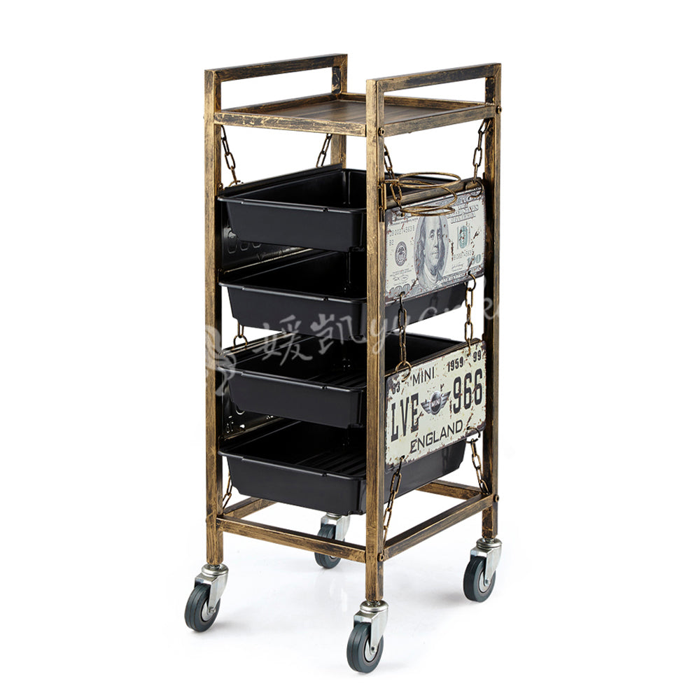 New Arrival Wholesale Luxury Golden Stainless Steel Salon Beauty Cart Rolling Trolley With 4 Wheels