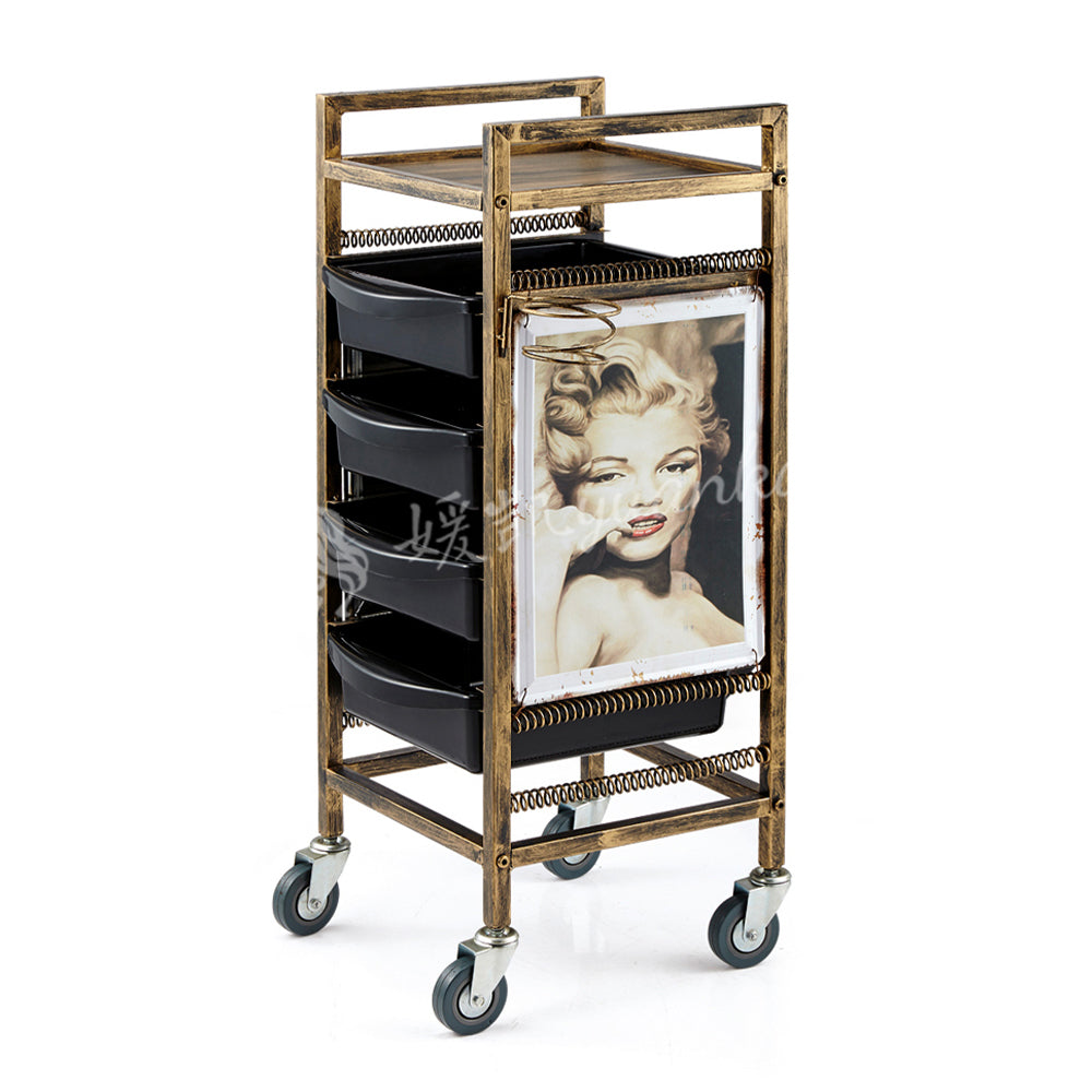 New Arrival Wholesale Luxury Golden Stainless Steel Salon Beauty Cart Rolling Trolley With 4 Wheels