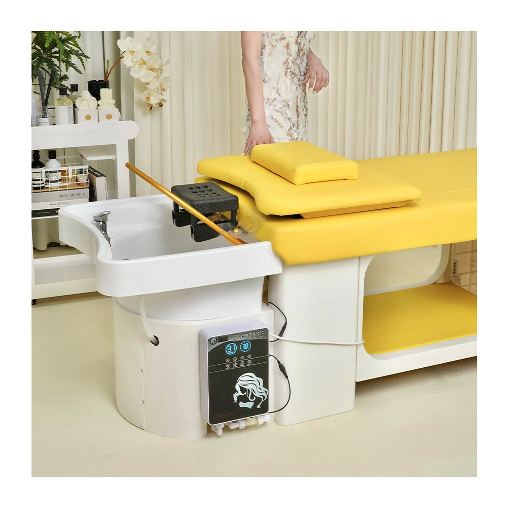 Simple yellow plastic hair washing bed barber shop special water heater water circulation head therapy bed