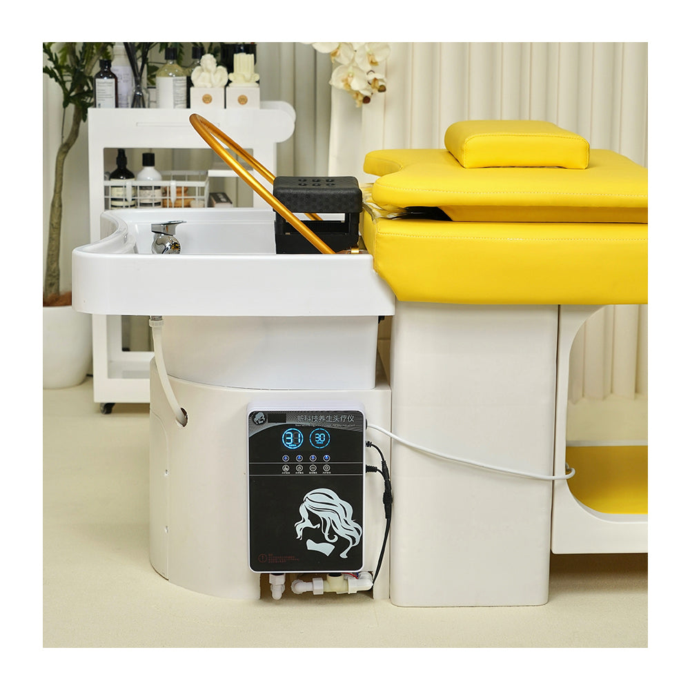 Simple yellow plastic hair washing bed barber shop special water heater water circulation head therapy bed