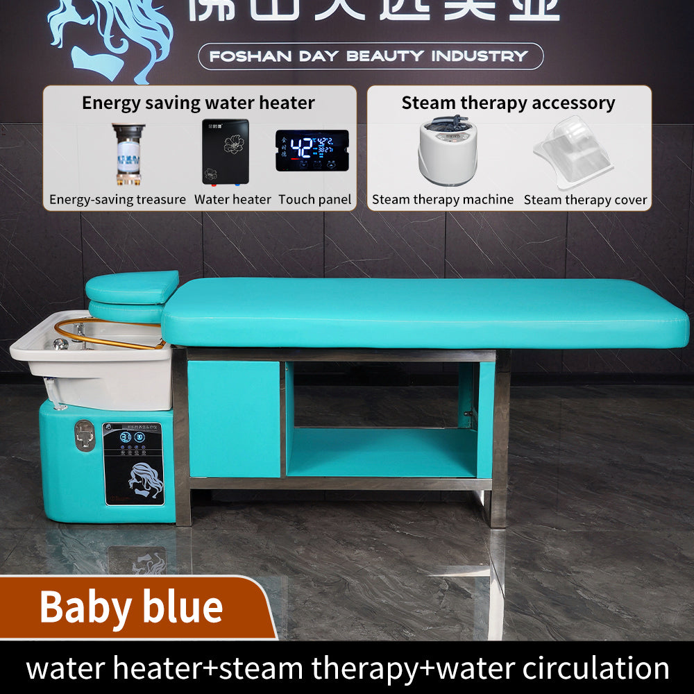Light blue manual push-pull bed barber shop beauty salon special water circulation fumigation massage shampoo bed